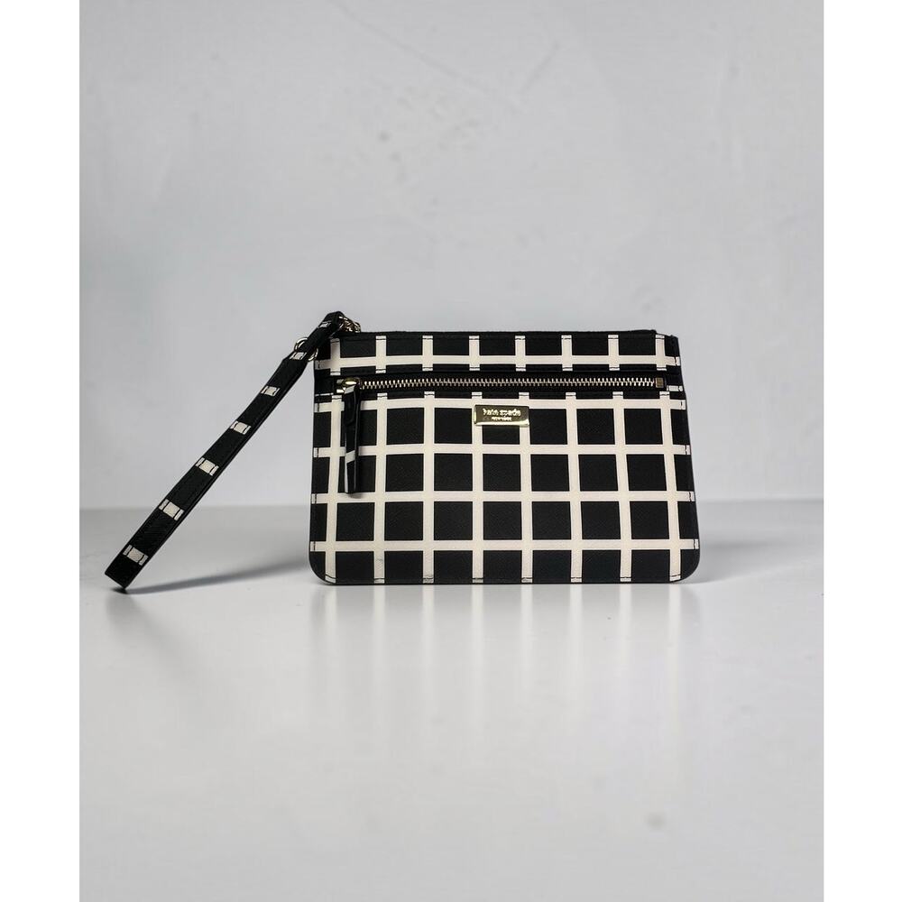 Kate Spade Tinie Wristlet Laurel Way Check Black Cream Clutch Gold Tone Zipper